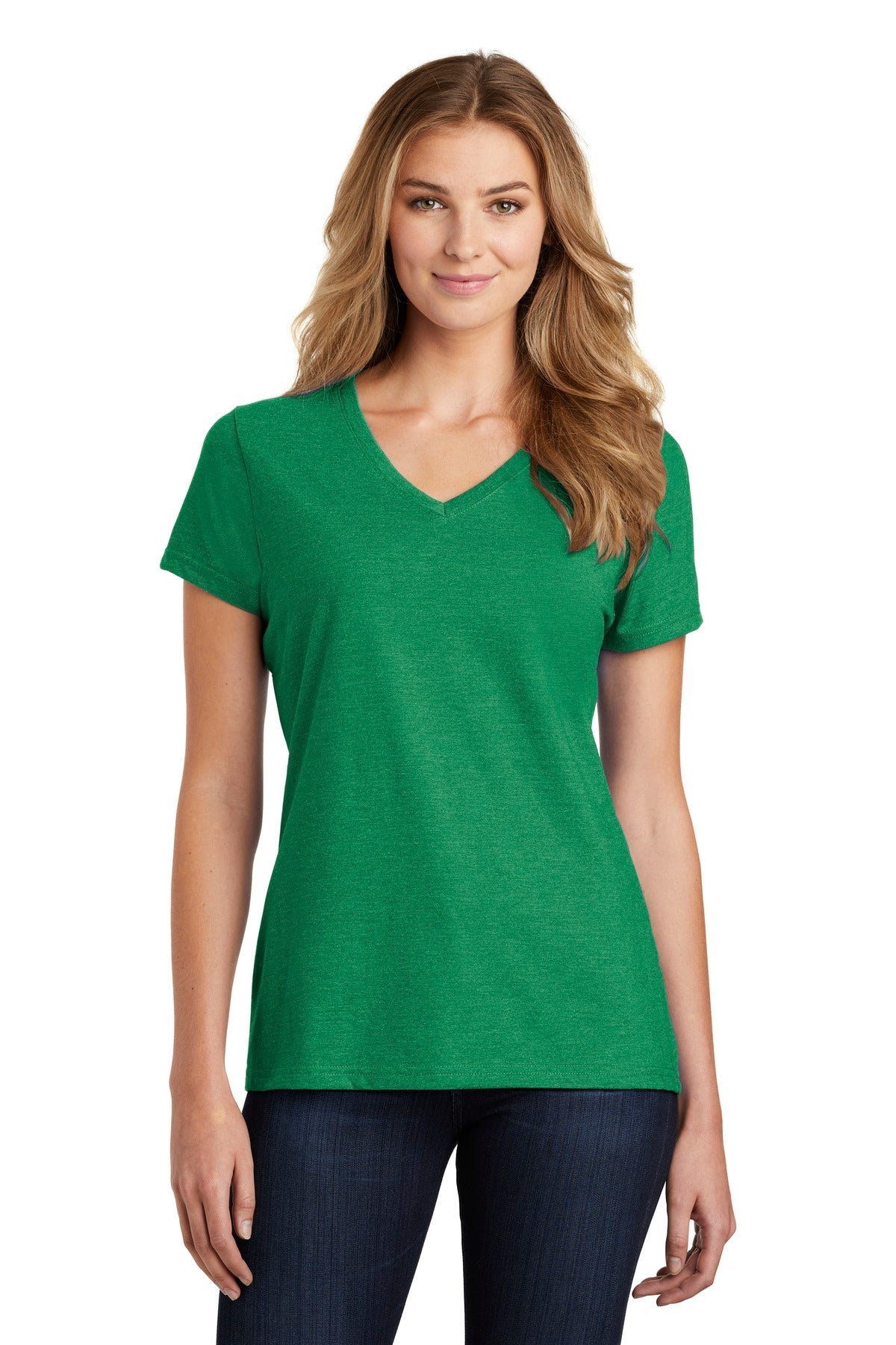 Front View of Ath Kelly Gn H Port & Co Women's Fan Favorite Blend V-Neck Tee. LPC455V