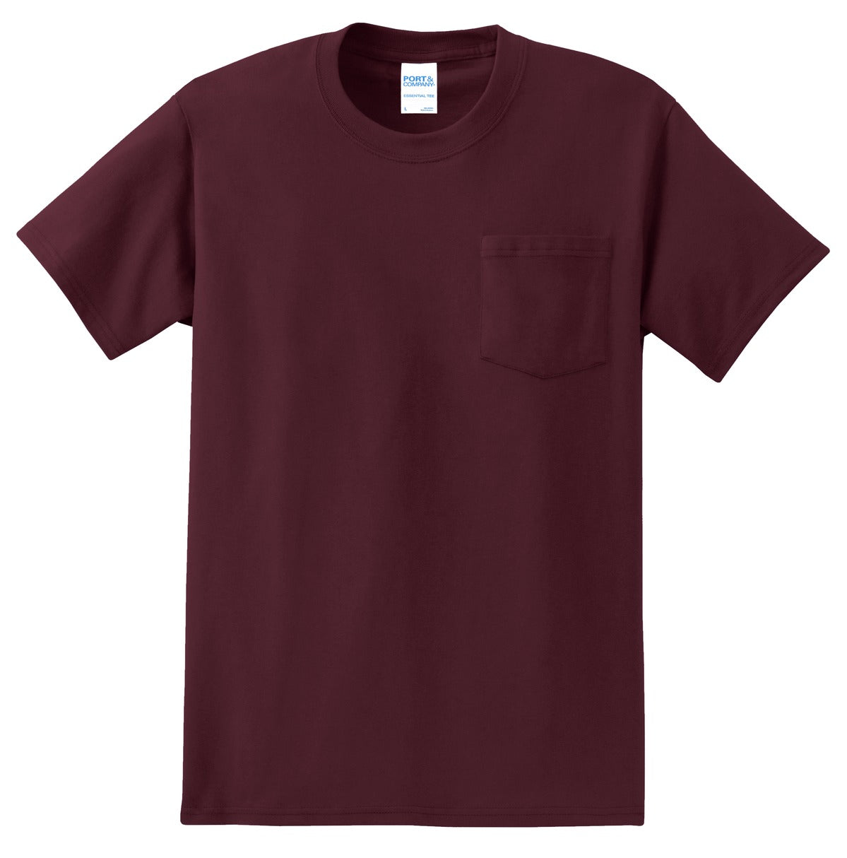 Front View of Ath. Maroon Port & Co Essential Pocket Tee. PC61P