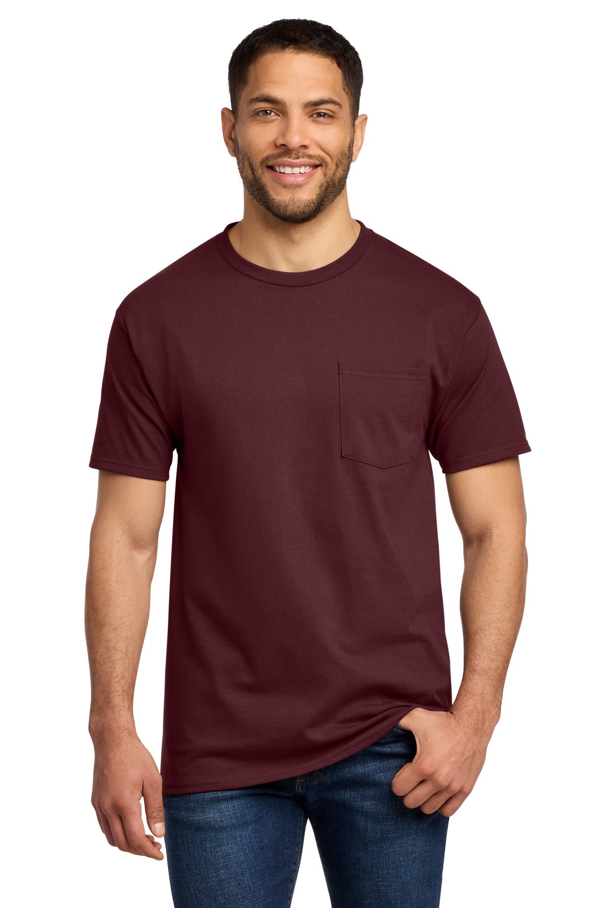 Front View of Ath. Maroon Port & Co Essential Pocket Tee. PC61P