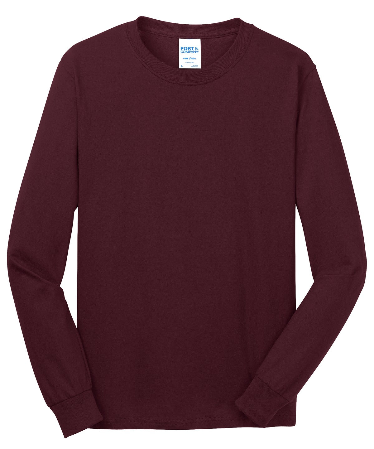 Front View of Ath Maroon Port & Co Long Sleeve Core Cotton Tee. PC54LS