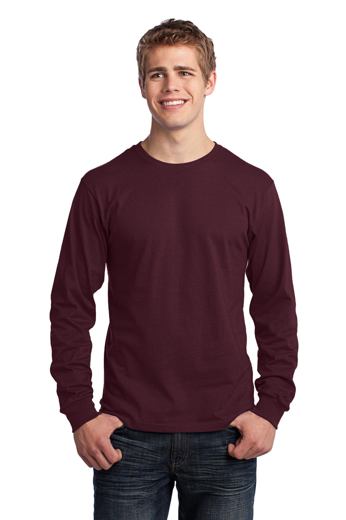 Front View of Ath Maroon Port & Co Long Sleeve Core Cotton Tee. PC54LS