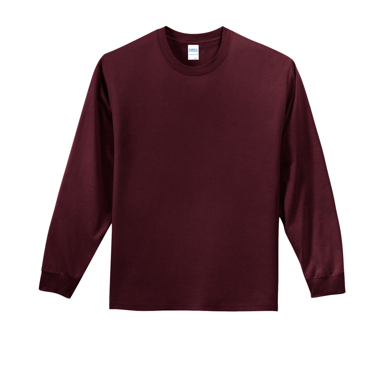 Front View of Ath. Maroon Port & Co Long Sleeve Essential Tee. PC61LS