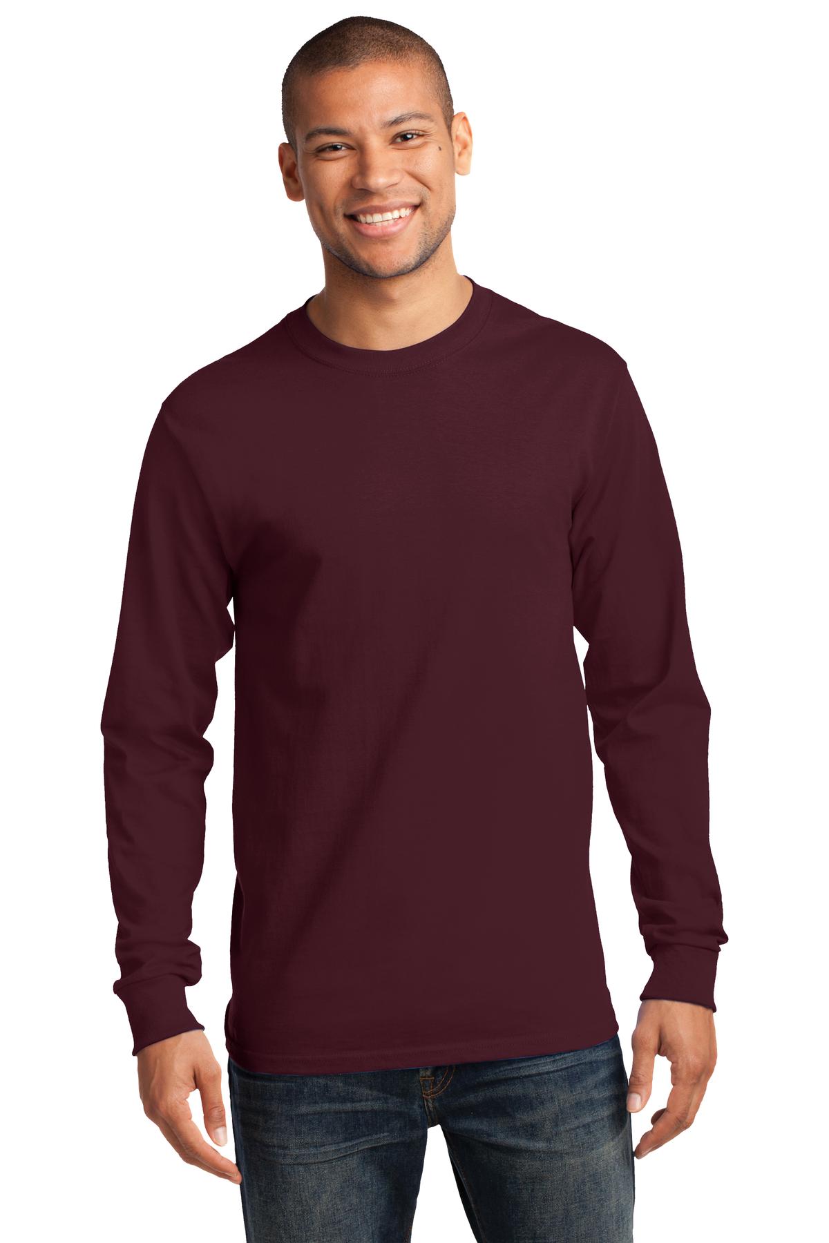 Front View of Ath. Maroon Port & Co Long Sleeve Essential Tee. PC61LS