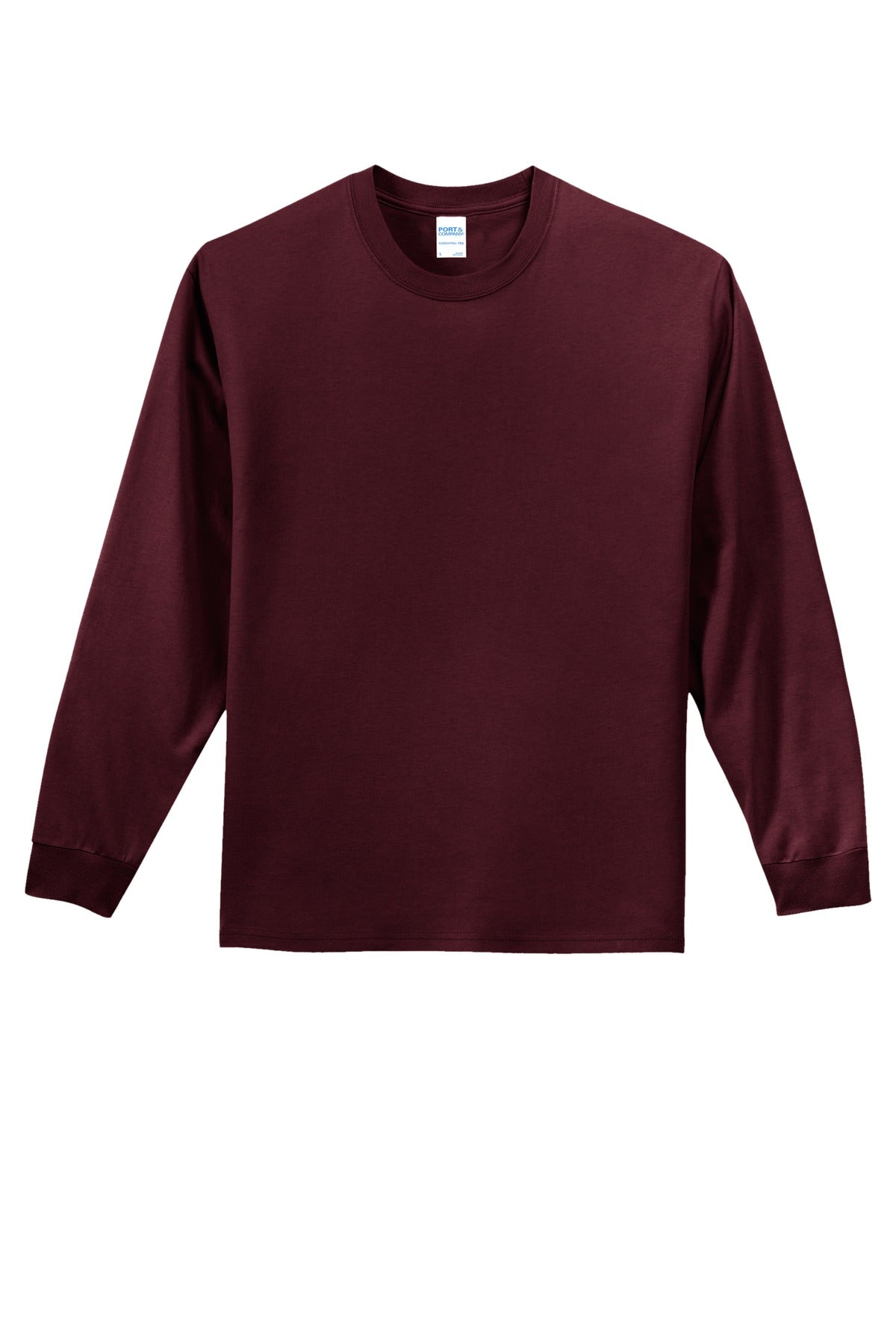 Front View of Ath. Maroon Port & Co Long Sleeve Essential Tee. PC61LS