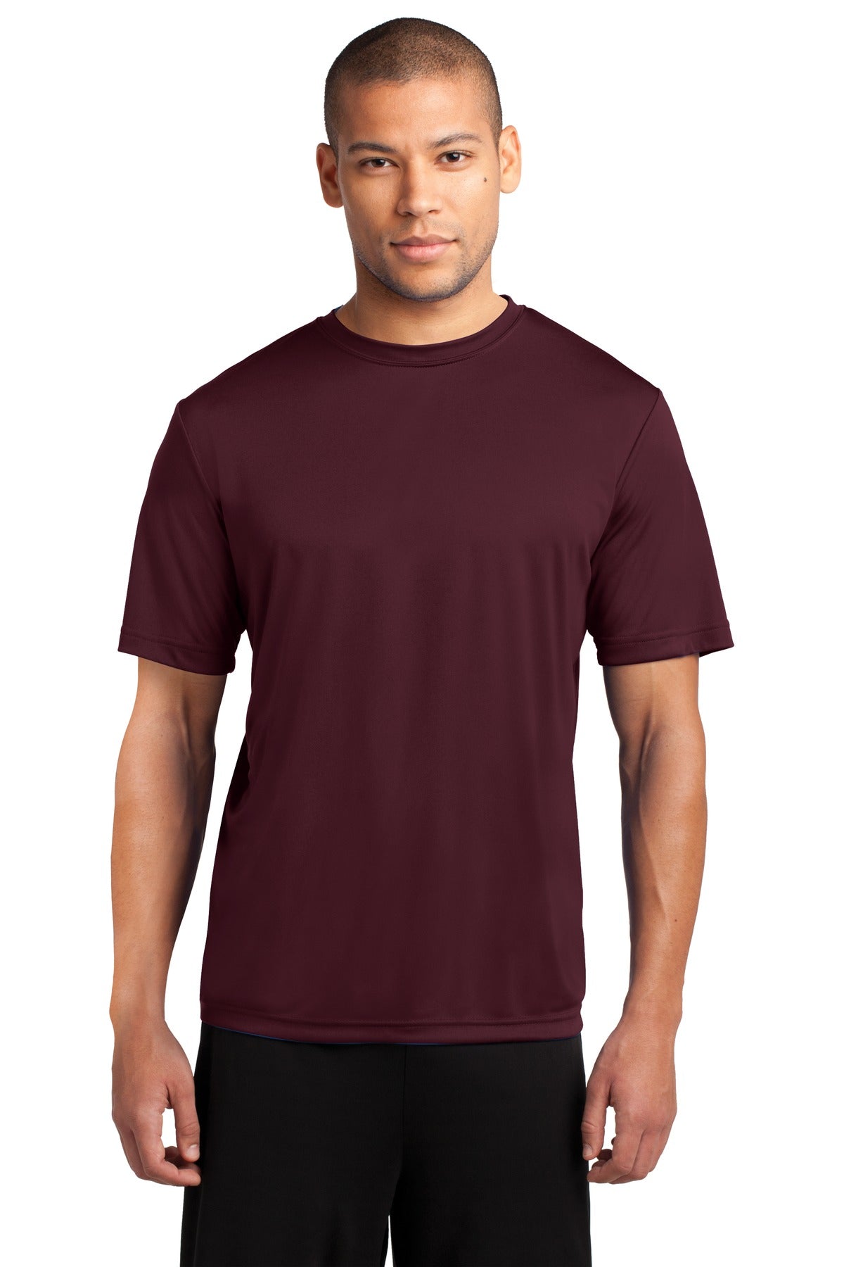 Front View of Ath Maroon Port & Co Performance Tee. PC380