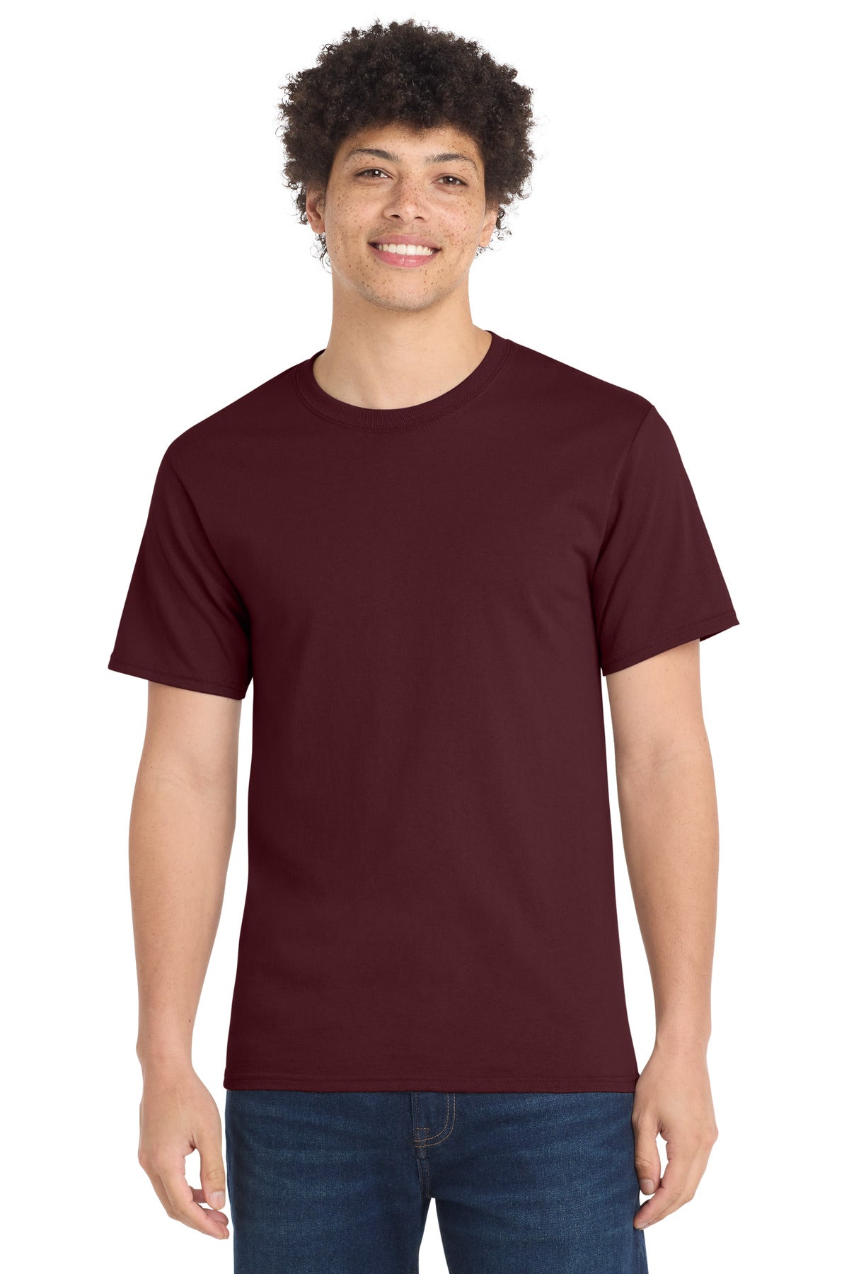 Front View of Ath Maroon Port & Co Tall Essential Tee. PC61T