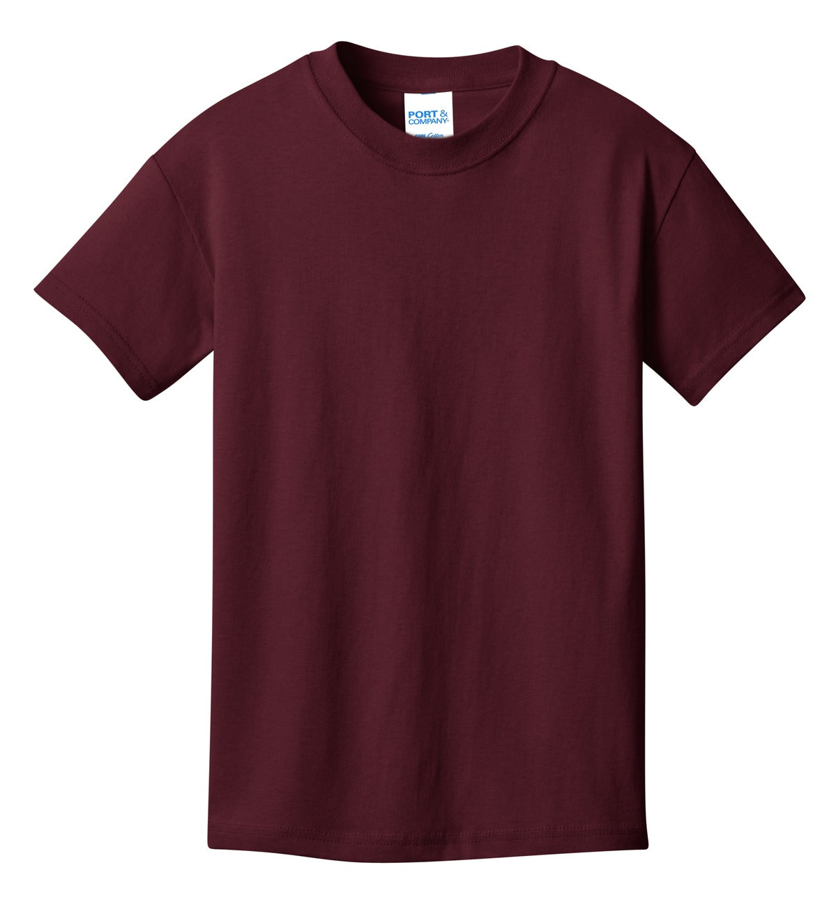 Front View of Ath Maroon Port & Co Youth Core Cotton Tee. PC54Y