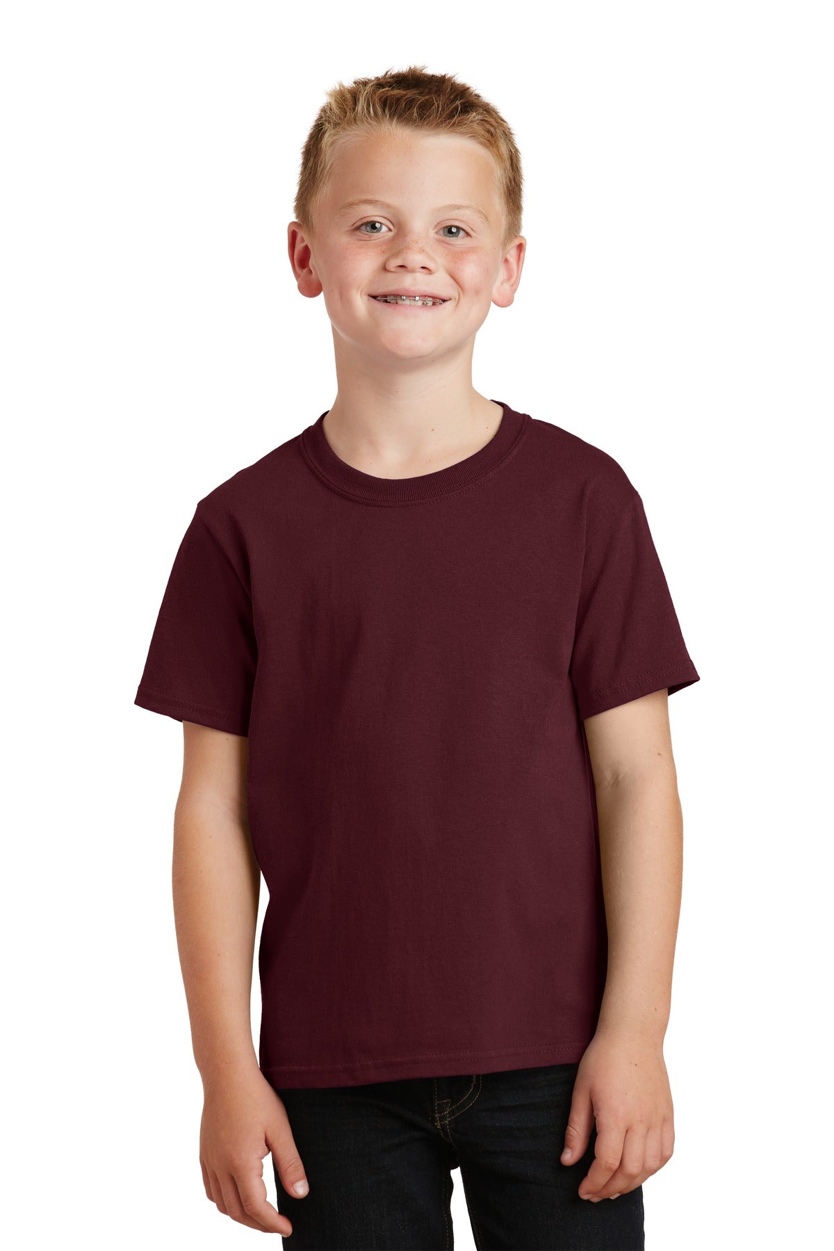 Front View of Ath Maroon Port & Co Youth Core Cotton Tee. PC54Y