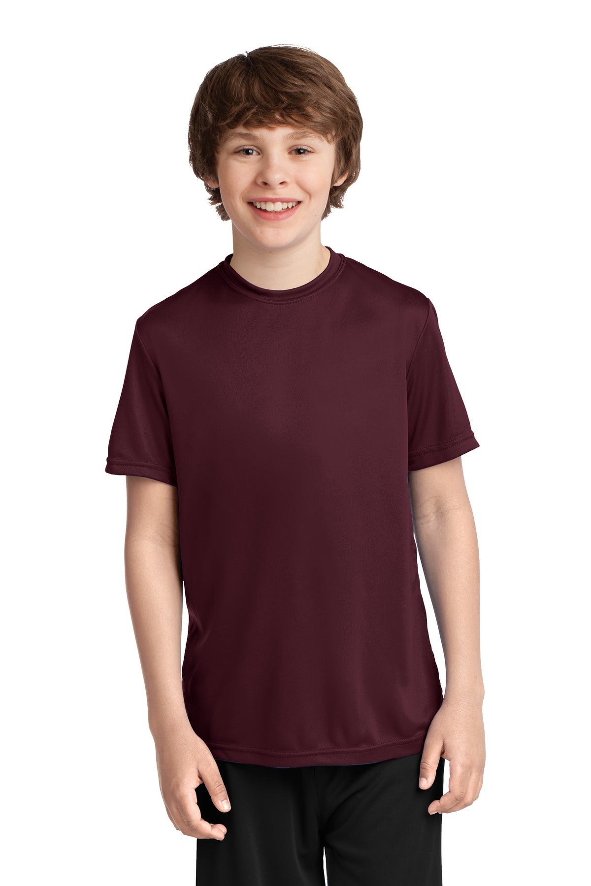 Front View of Ath Maroon Port & Co Youth Performance Tee. PC380Y
