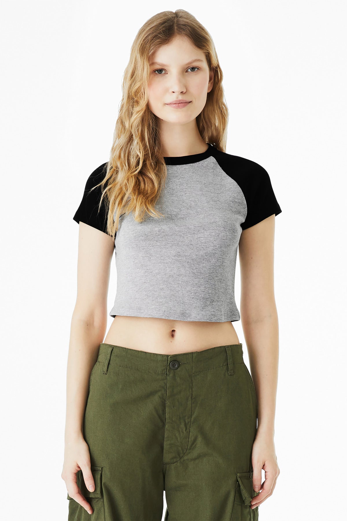 Front View of AthHt/Blk BELLA+CANVAS Women's Micro Rib Raglan Baby Tee BC1201