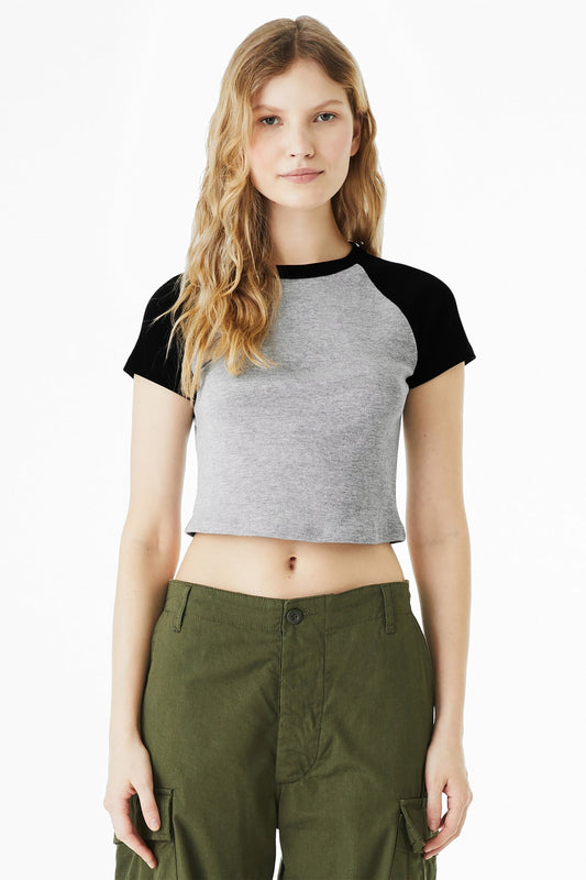 Front View of AthHt/Blk BELLA+CANVAS Women's Micro Rib Raglan Baby Tee BC1201