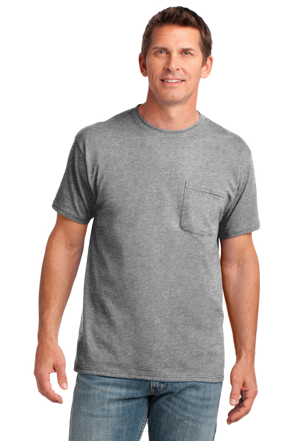 Front View of Athl Heather Port & Co Core Cotton Pocket Tee. PC54P