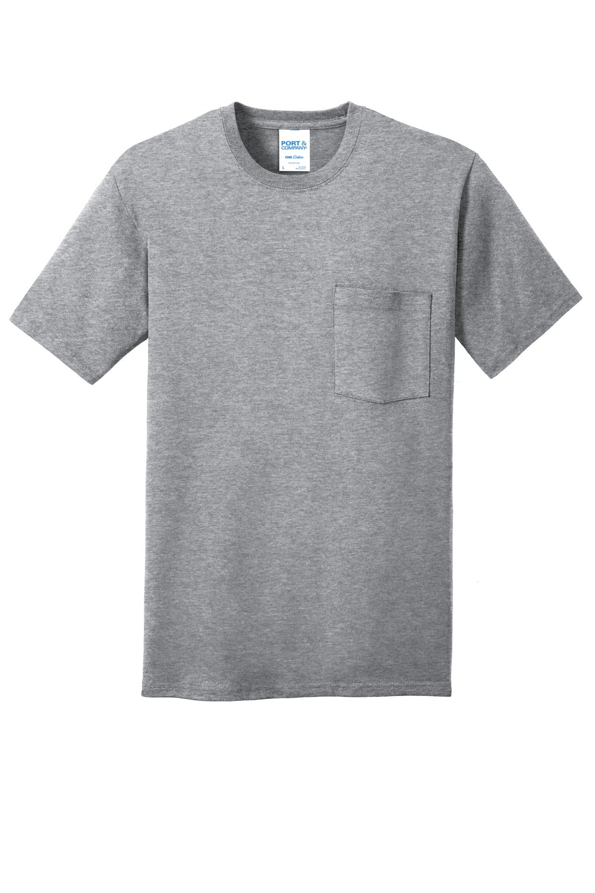 Front View of Athl Heather Port & Co Core Cotton Pocket Tee. PC54P