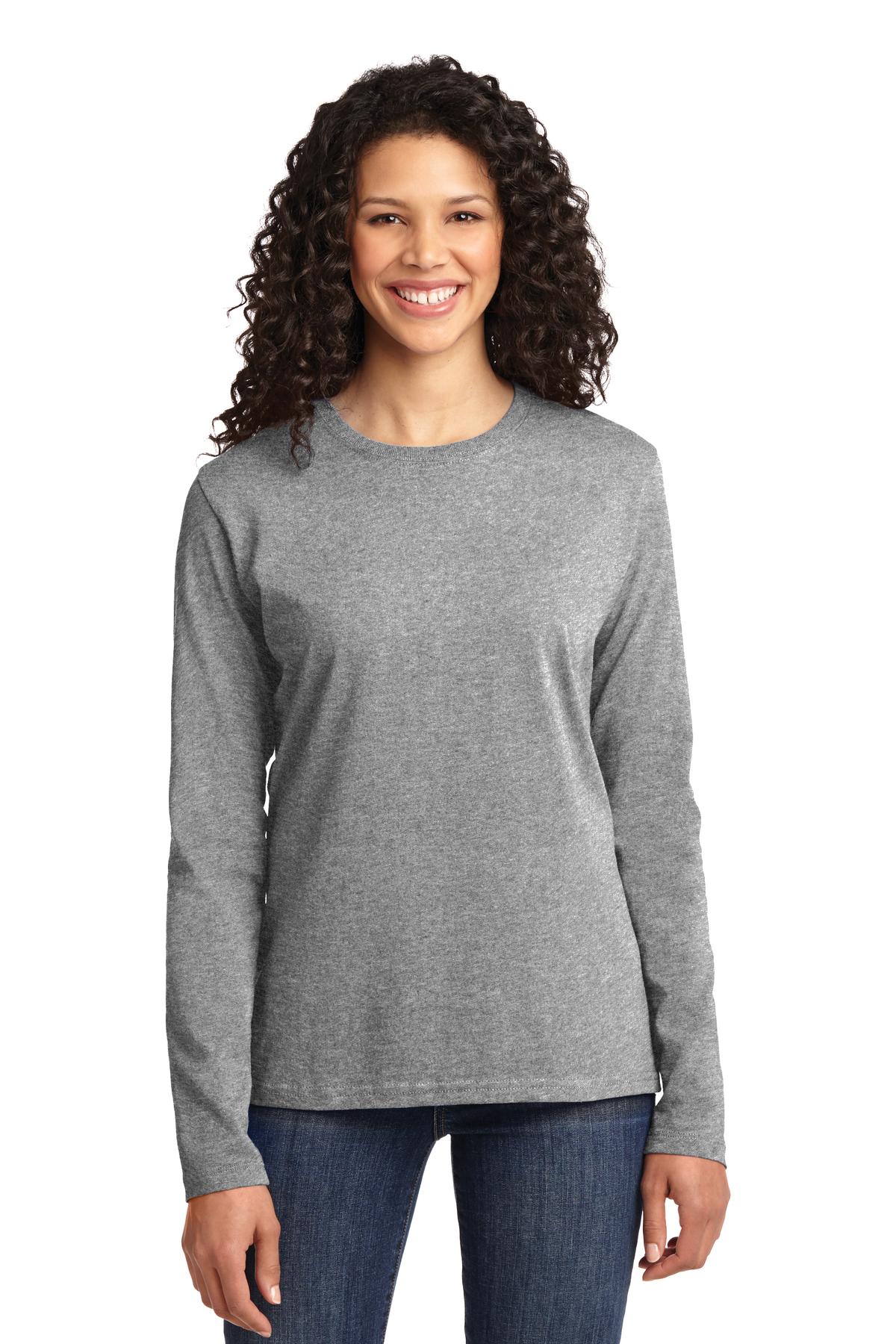Front View of Athl Heather Port & Co Women's Long Sleeve Core Cotton Tee. LPC54LS