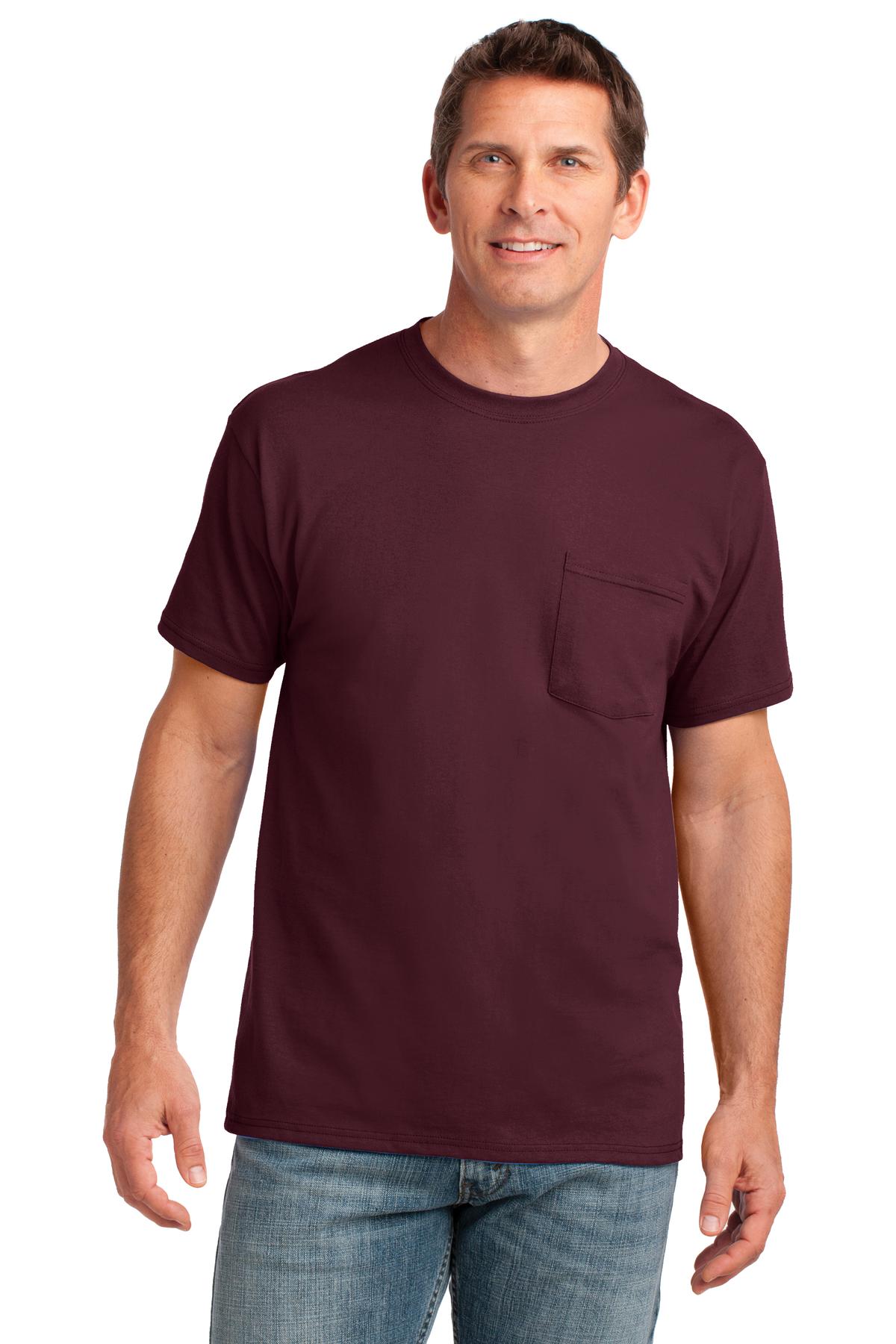 Front View of Athl Maroon Port & Co Core Cotton Pocket Tee. PC54P