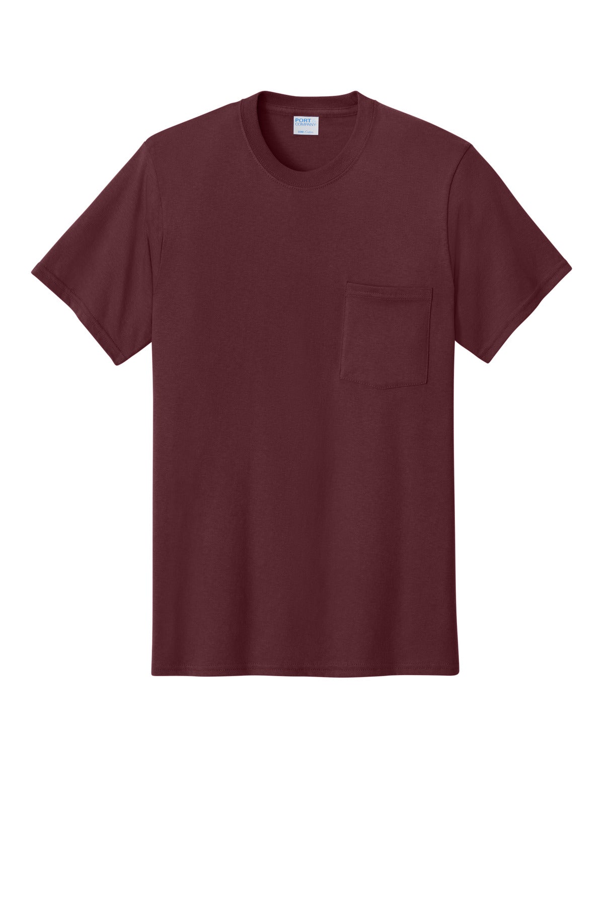 Front View of Athl Maroon Port & Co Core Cotton Pocket Tee. PC54P