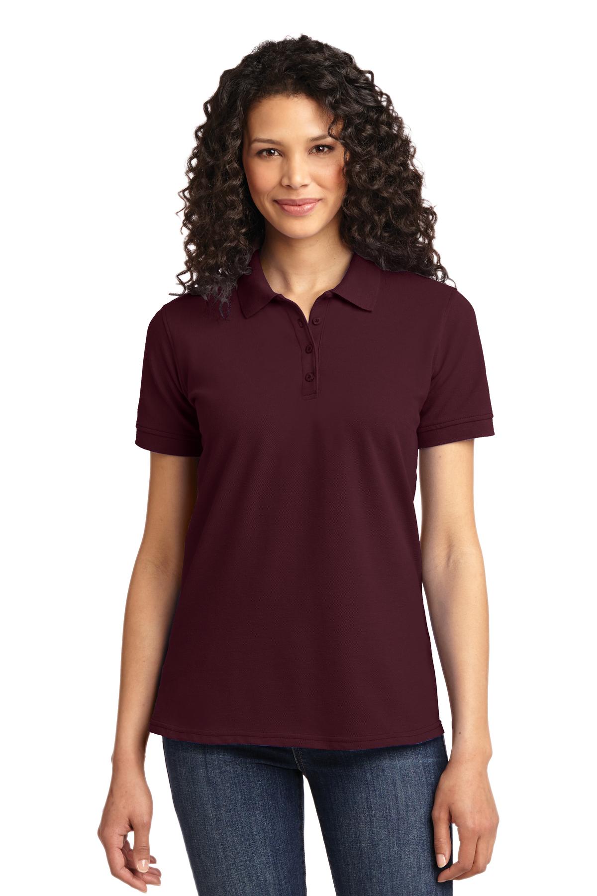 Front View of Athl Maroon Port & Co Women's Core Blend Pique Polo. LKP155