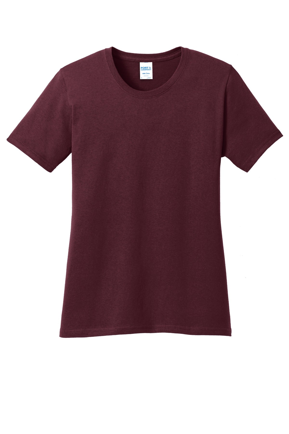 Front View of Athl Maroon Port & Co Women's Core Cotton Tee. LPC54