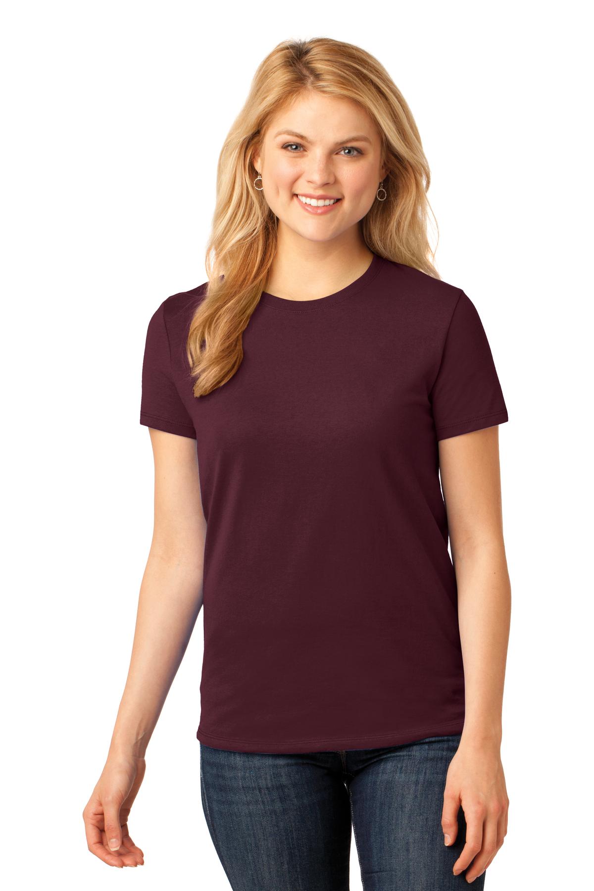 Front View of Athl Maroon Port & Co Women's Core Cotton Tee. LPC54