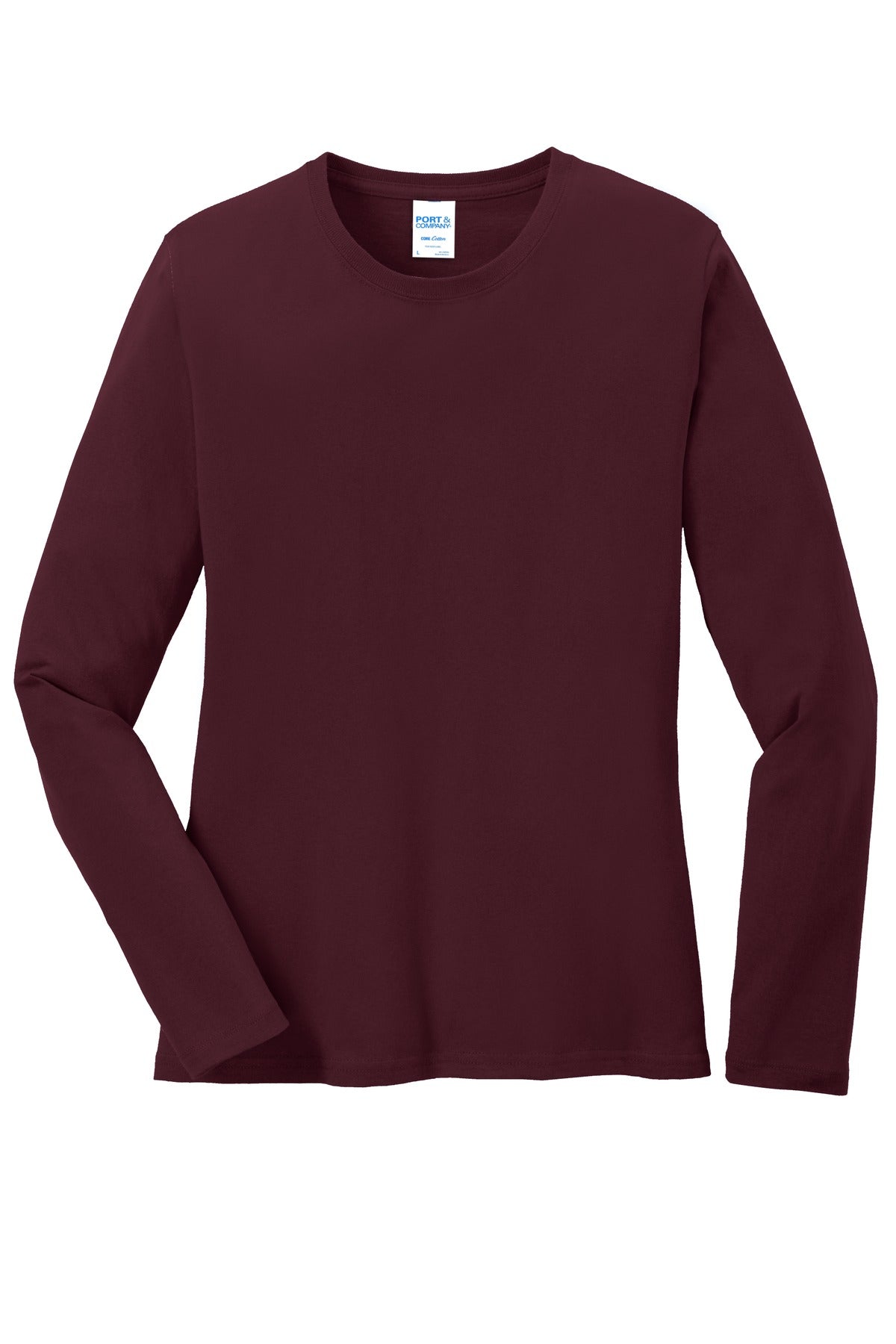 Front View of Athl Maroon Port & Co Women's Long Sleeve Core Cotton Tee. LPC54LS