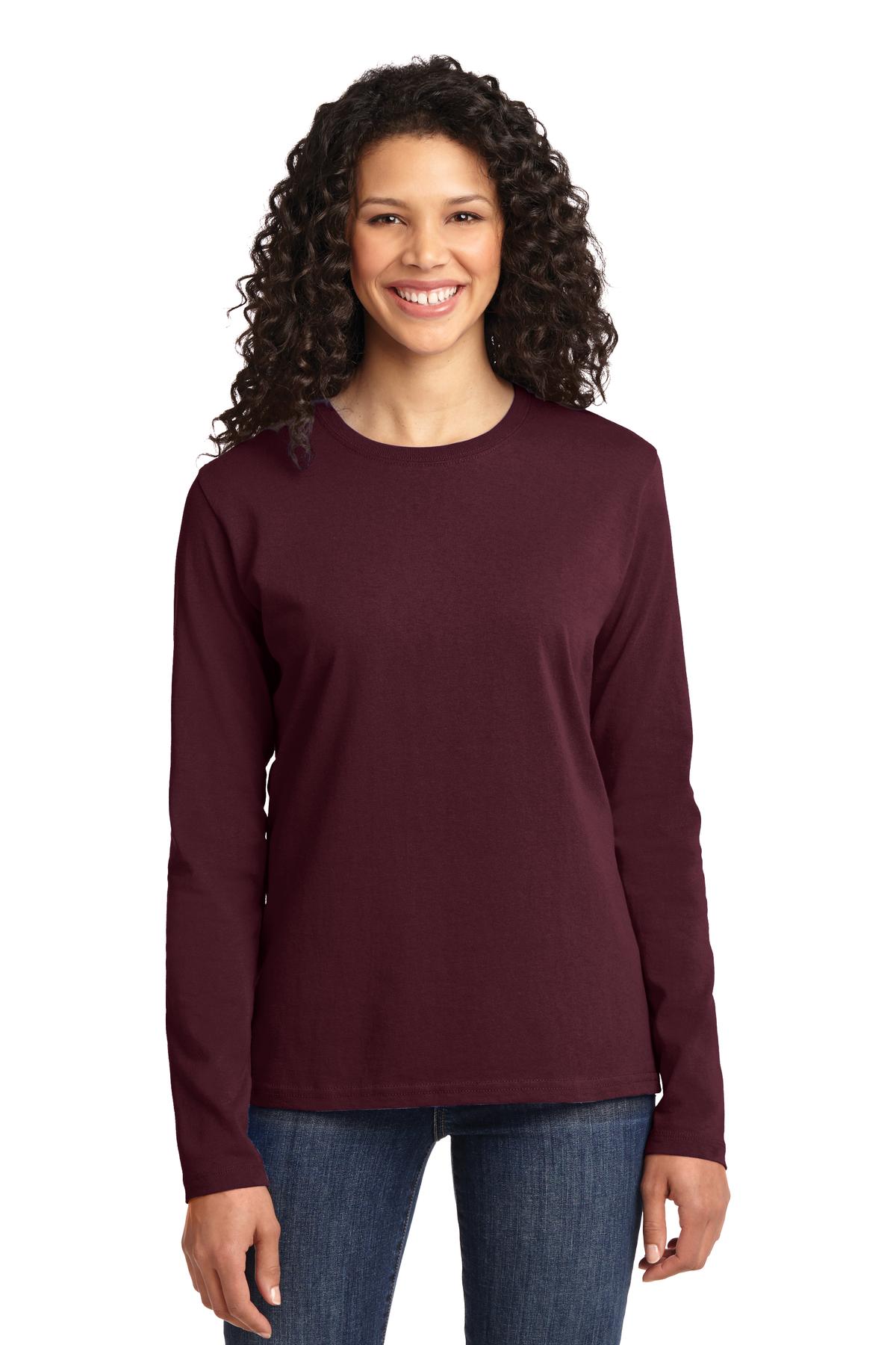 Front View of Athl Maroon Port & Co Women's Long Sleeve Core Cotton Tee. LPC54LS