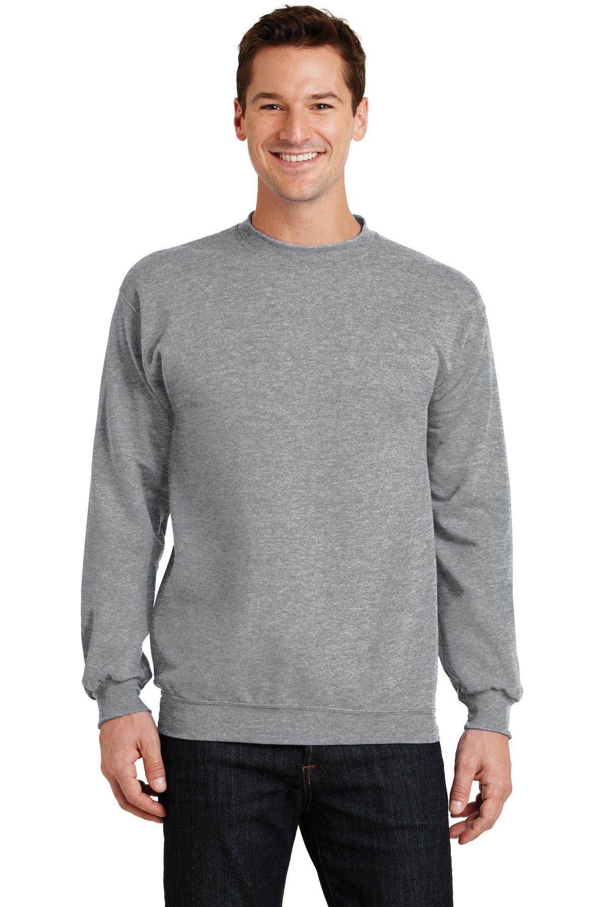 Front View of Athletic Hthr Port & Co Core Fleece Crewneck Sweatshirt. PC78
