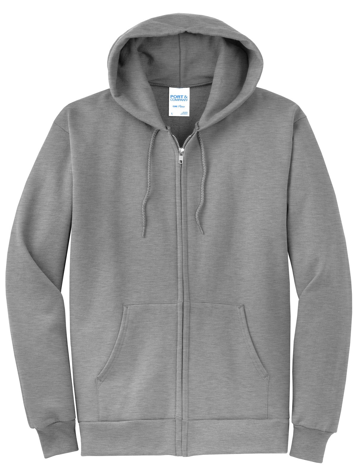 Front View of Athletic Hthr Port & Co Core Fleece Full-Zip Hooded Sweatshirt. PC78ZH