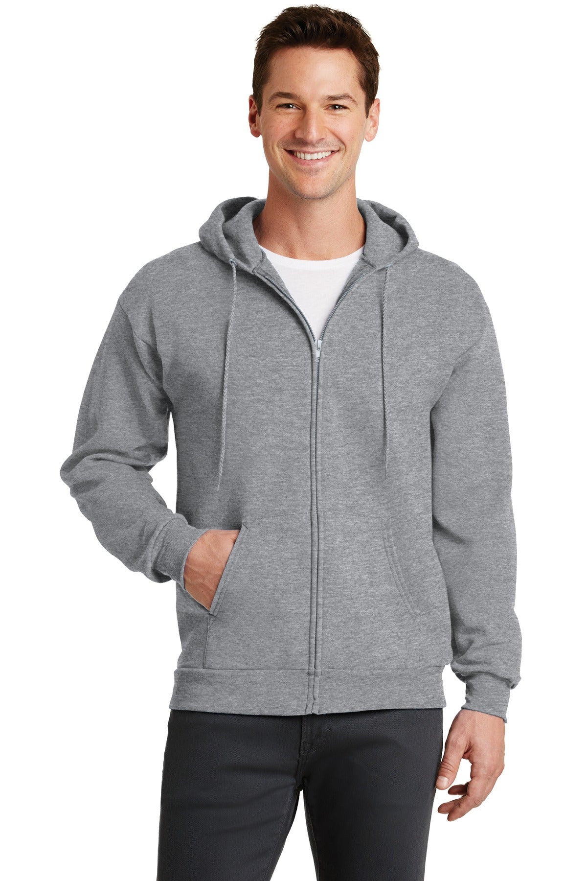 Front View of Athletic Hthr Port & Co Core Fleece Full-Zip Hooded Sweatshirt. PC78ZH