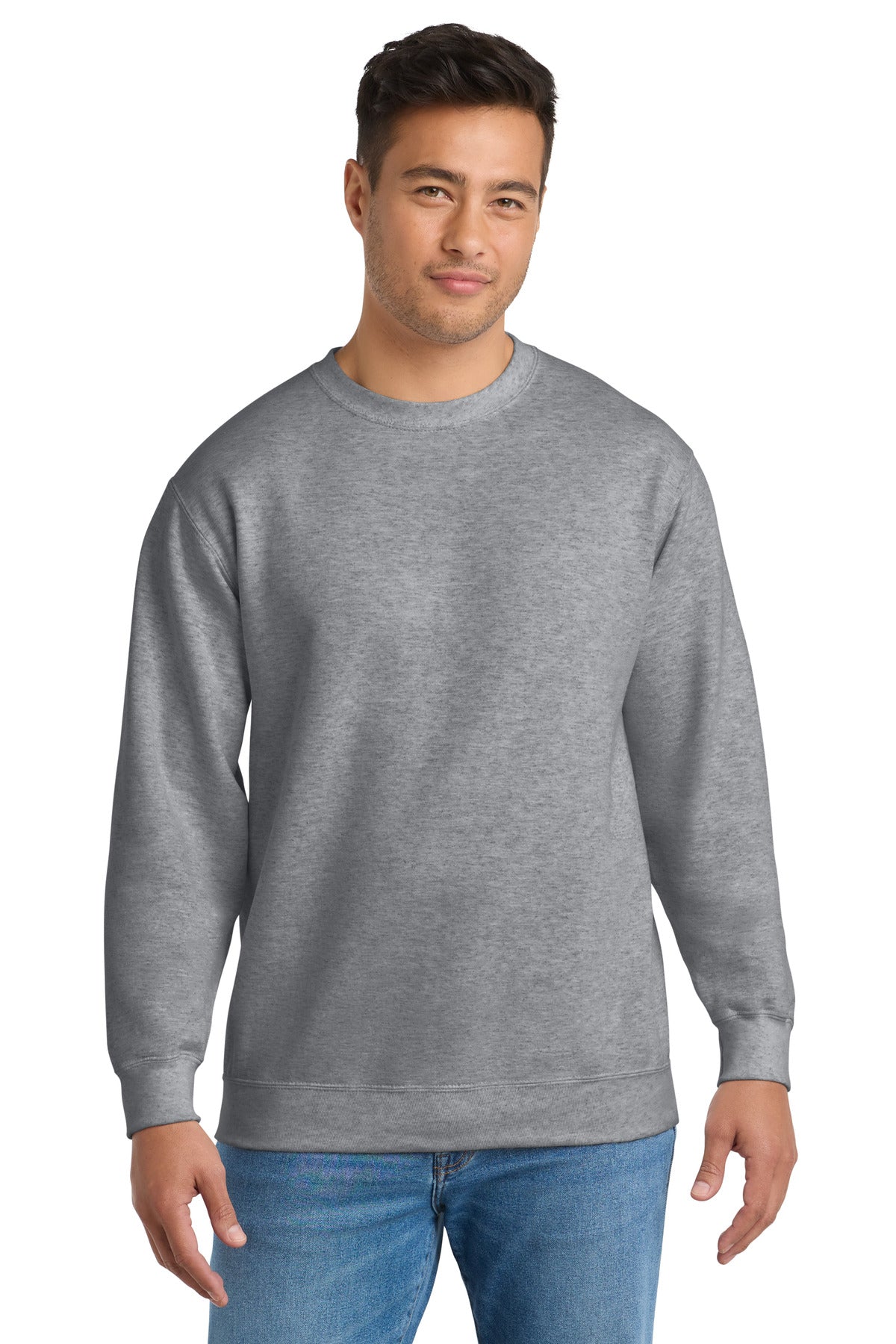Front View of Athletic Hthr Port & Co Essential Fleece Crewneck Sweatshirt. PC90
