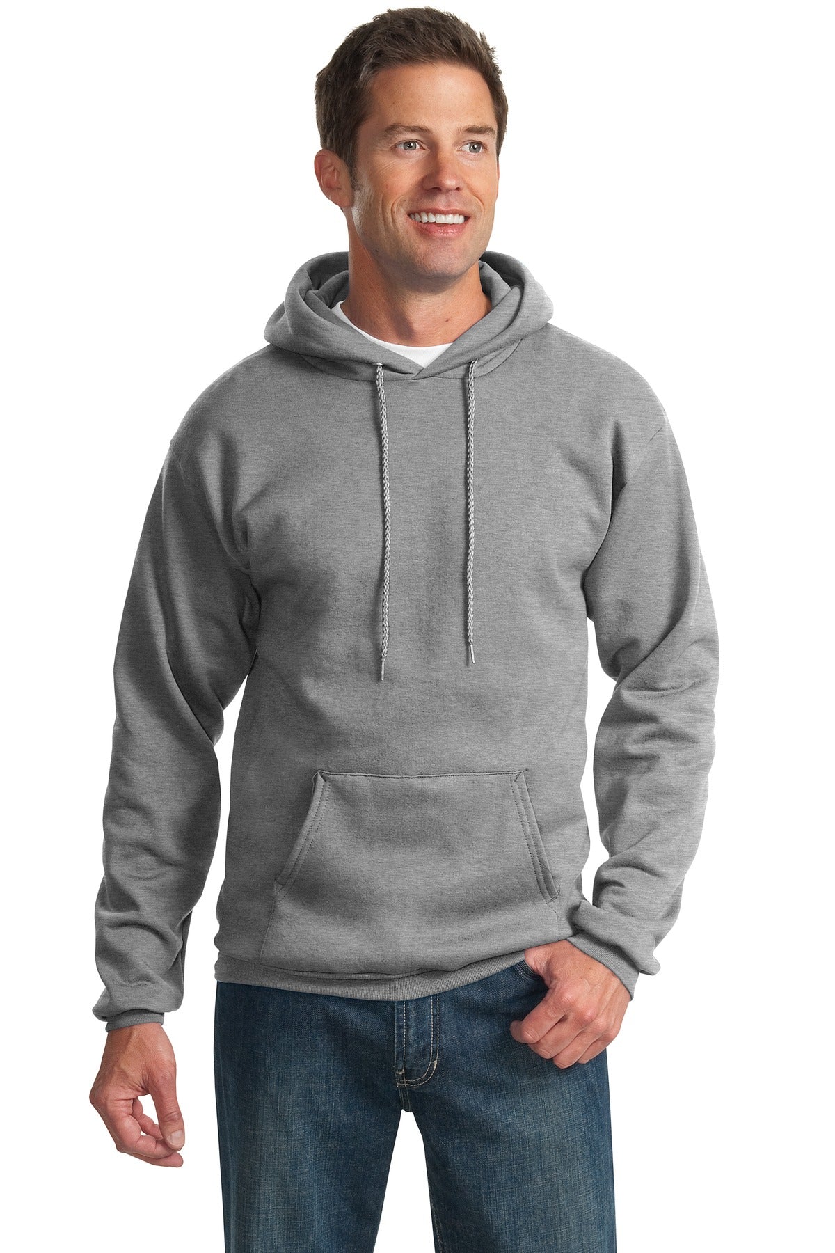 Front View of Athletic Hthr Port & Co Essential Fleece Pullover Hooded Sweatshirt. PC90H