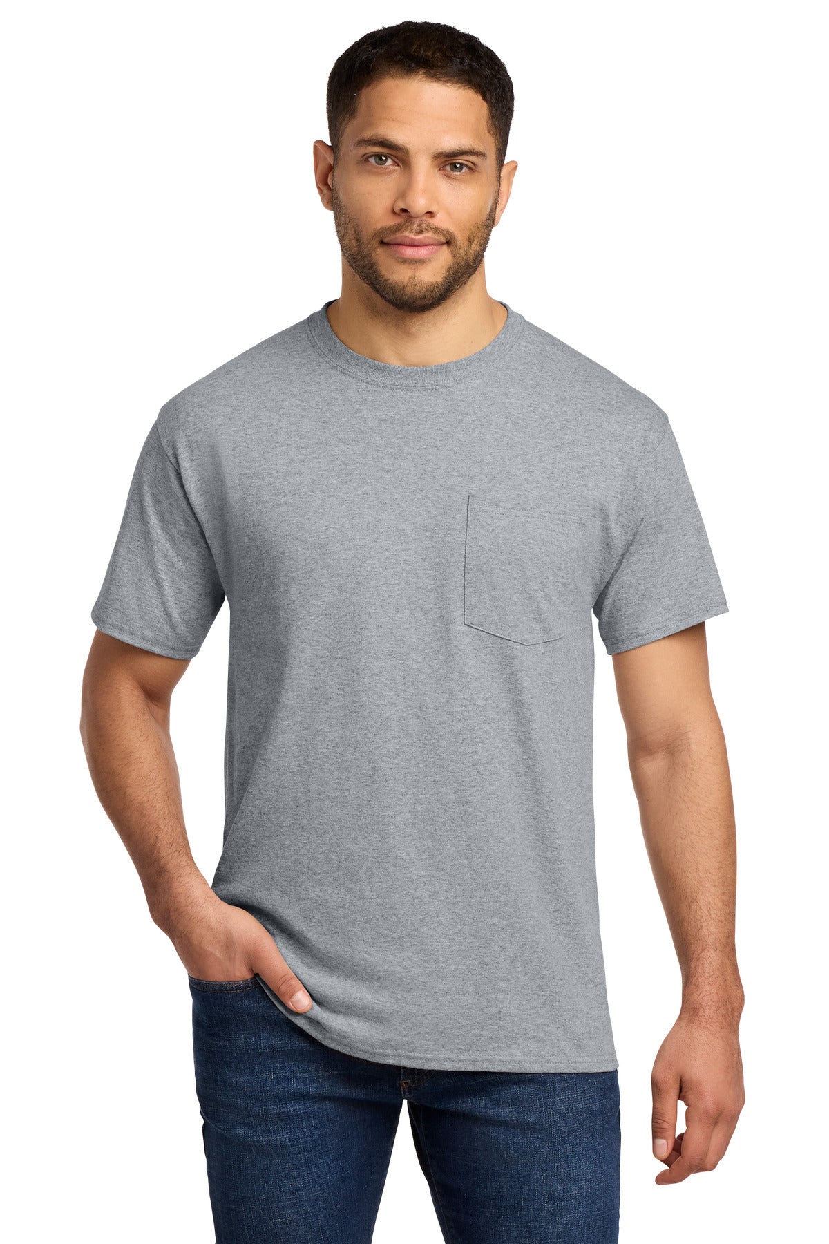 Front View of Athletic Hthr Port & Co Essential Pocket Tee. PC61P