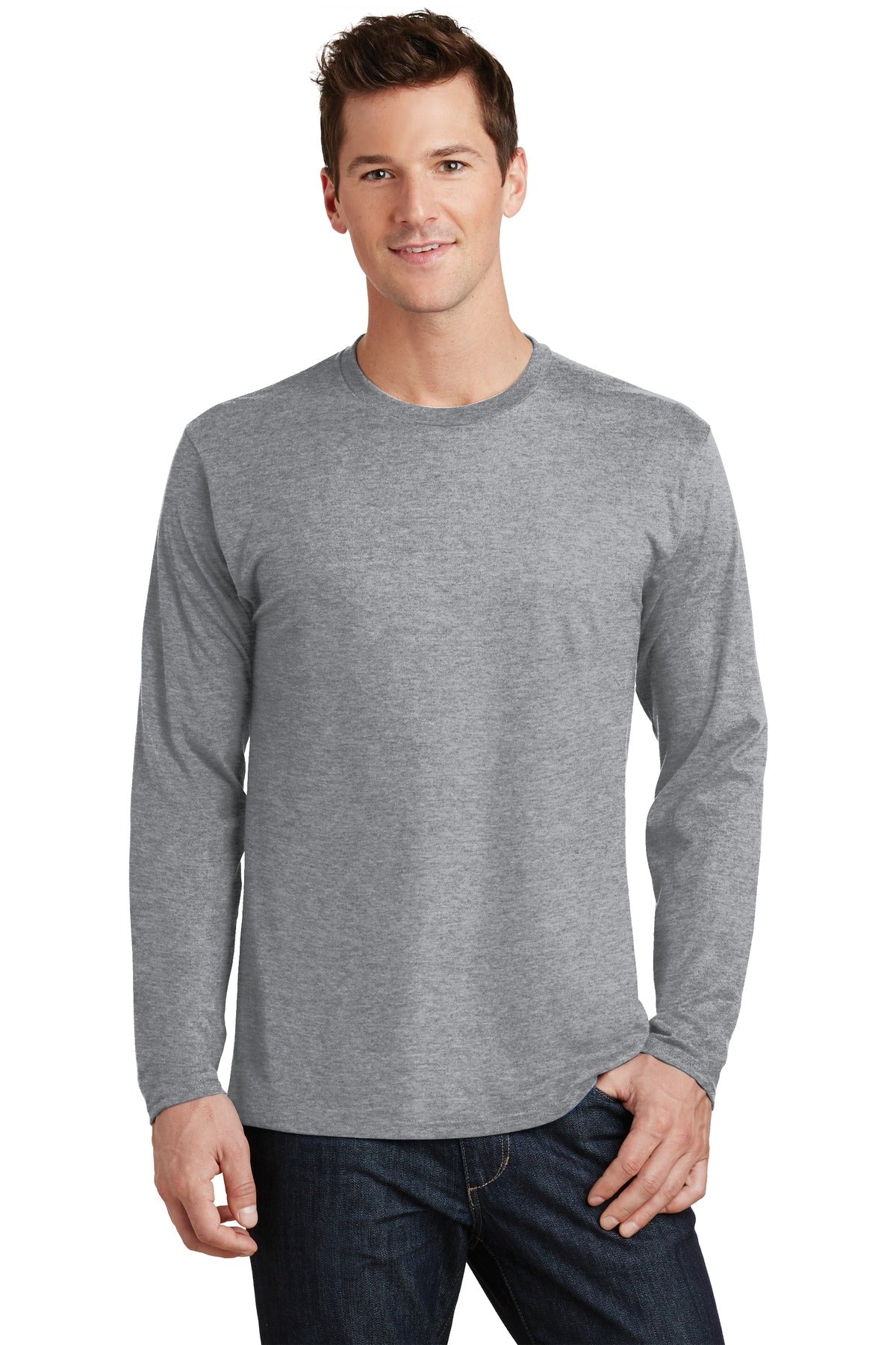 Front View of Athletic Hthr Port & Co Long Sleeve Fan Favorite Tee. PC450LS