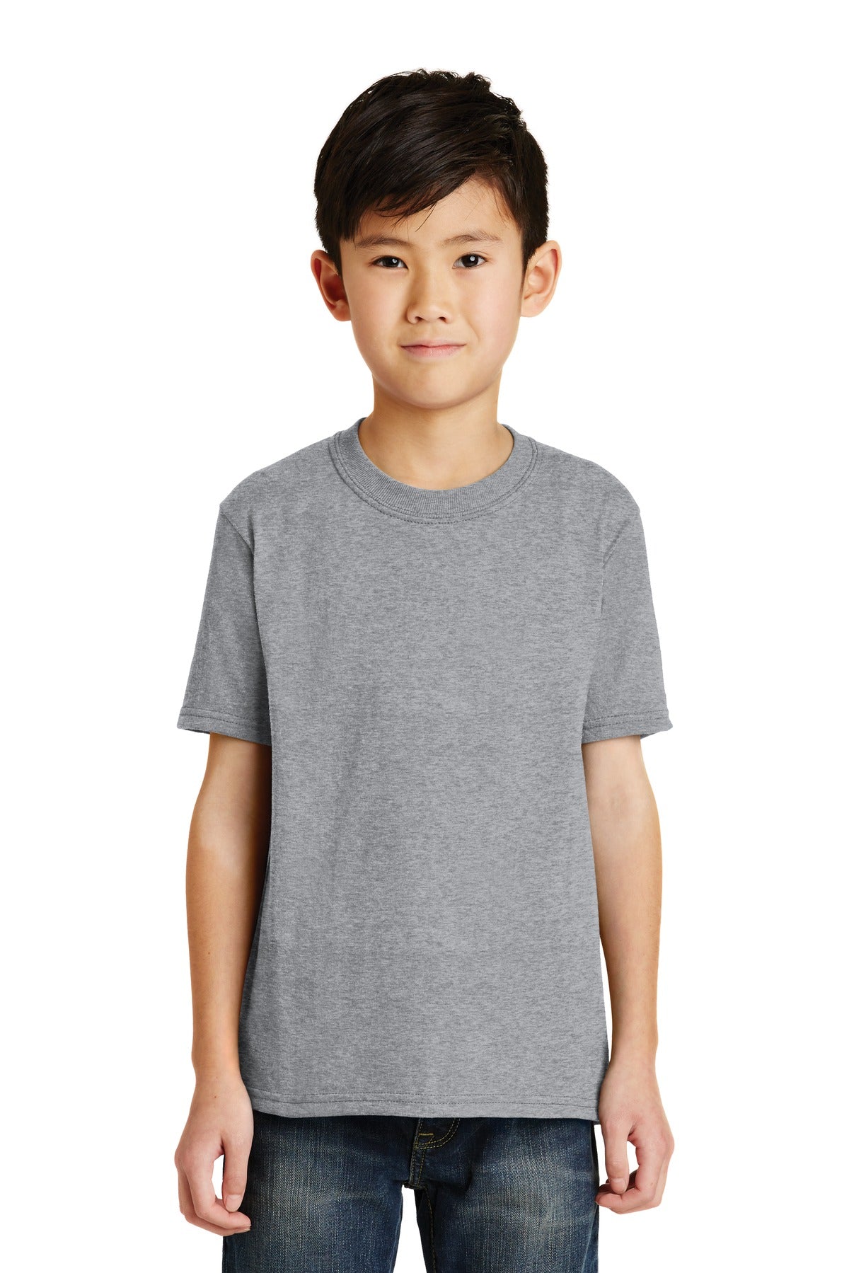 Front View of Athletic Hthr Port & Co Youth Core Blend Tee. PC55Y