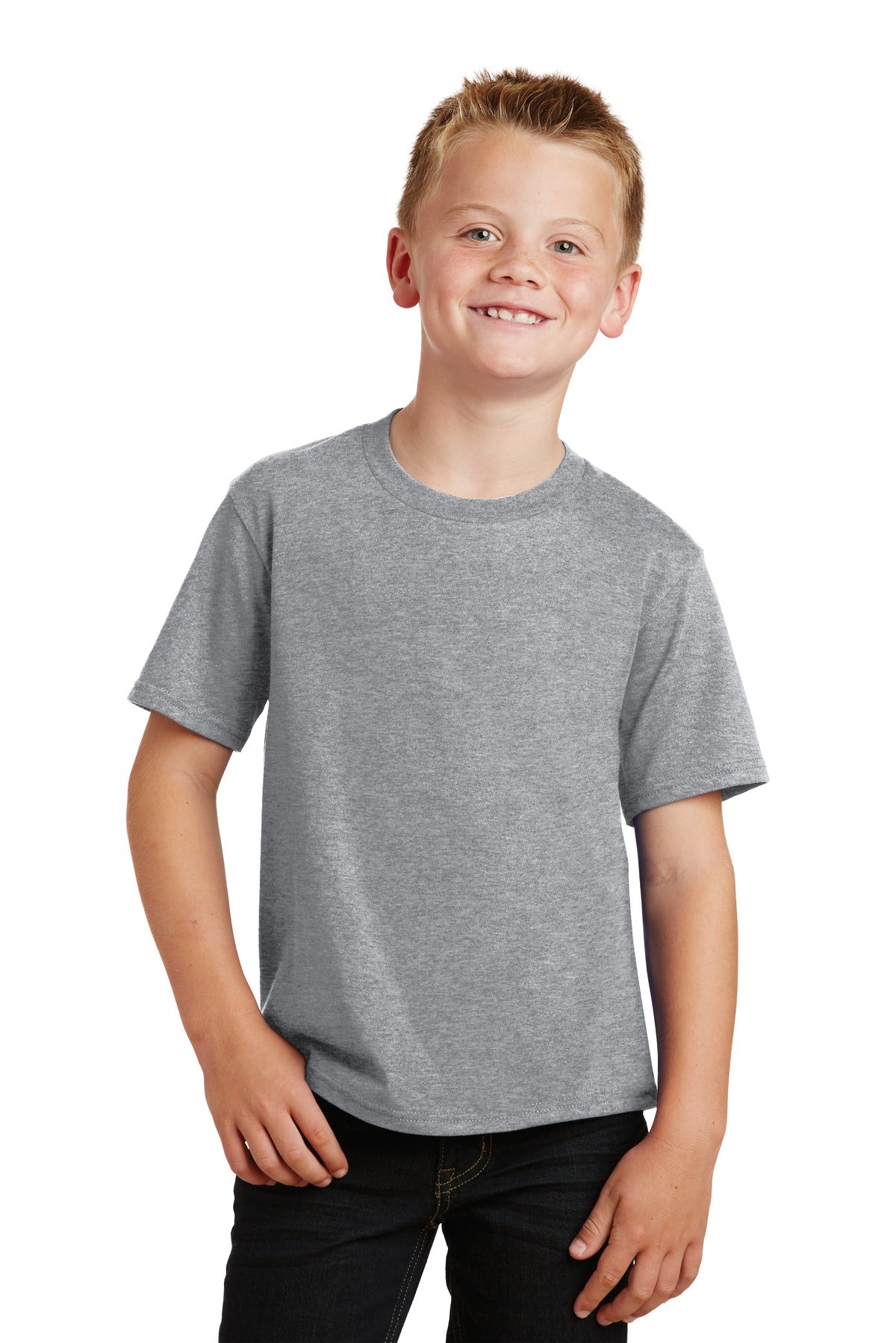 Front View of Athletic Hthr Port & Co Youth Fan Favorite Tee. PC450Y