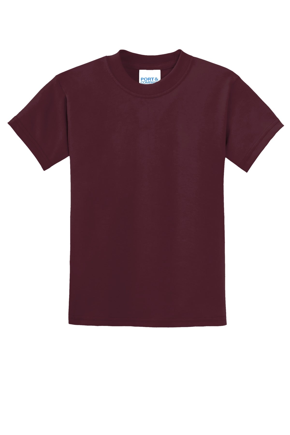 Front View of Athletic Mroon Port & Co Youth Core Blend Tee. PC55Y