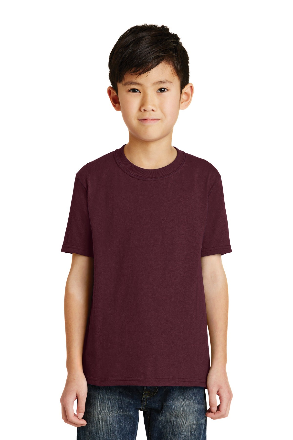 Front View of Athletic Mroon Port & Co Youth Core Blend Tee. PC55Y