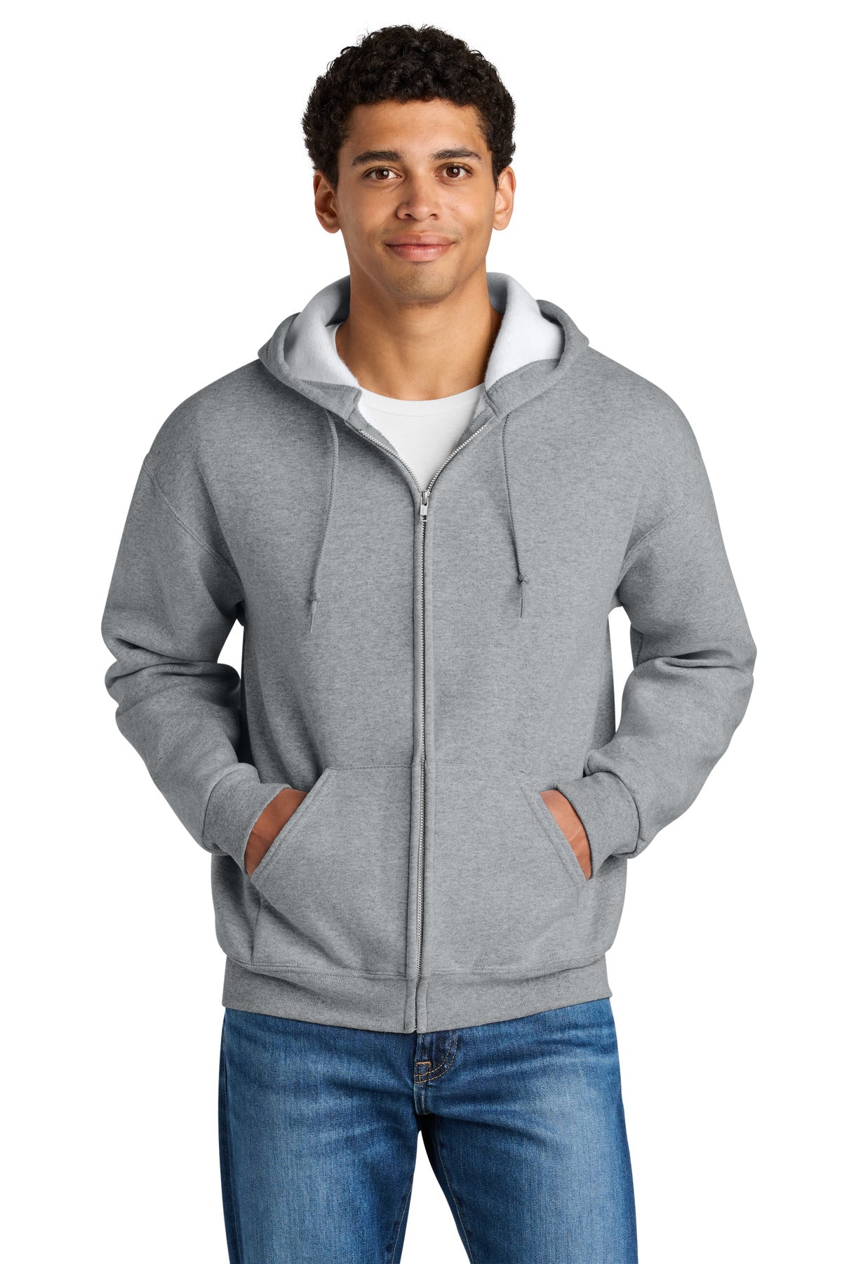 Front View of AthlHthr Jerzees Rugged Unisex Full-Zip Hooded Sweatshirt Z12M
