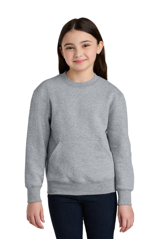 Front View of AthlHthr Port & Co Youth Core Fleece Crewneck Pocket Sweatshirt PC78YPKT