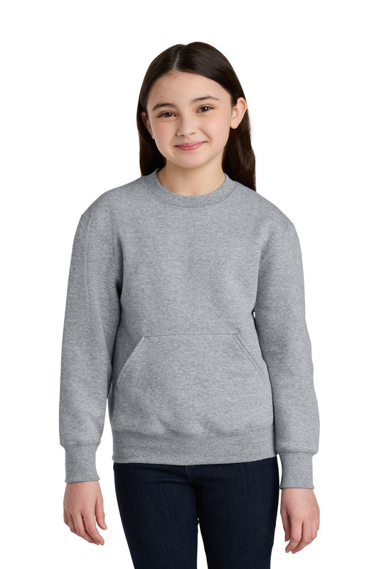 Front View of AthlHthr Port & Co Youth Core Fleece Crewneck Pocket Sweatshirt PC78YPKT