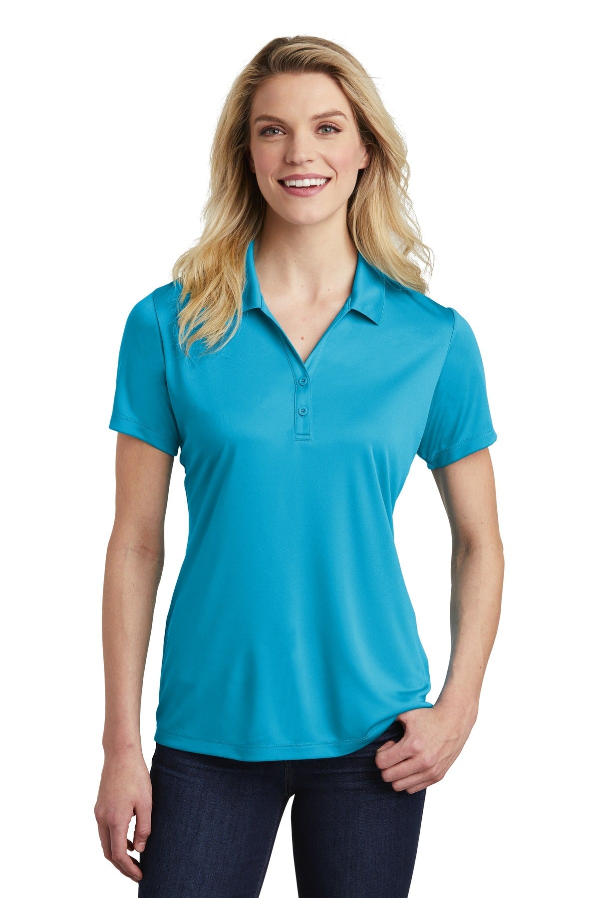 Front View of Atomic Blue Sport-Tek Women's PosiCharge Competitor Polo. LST550