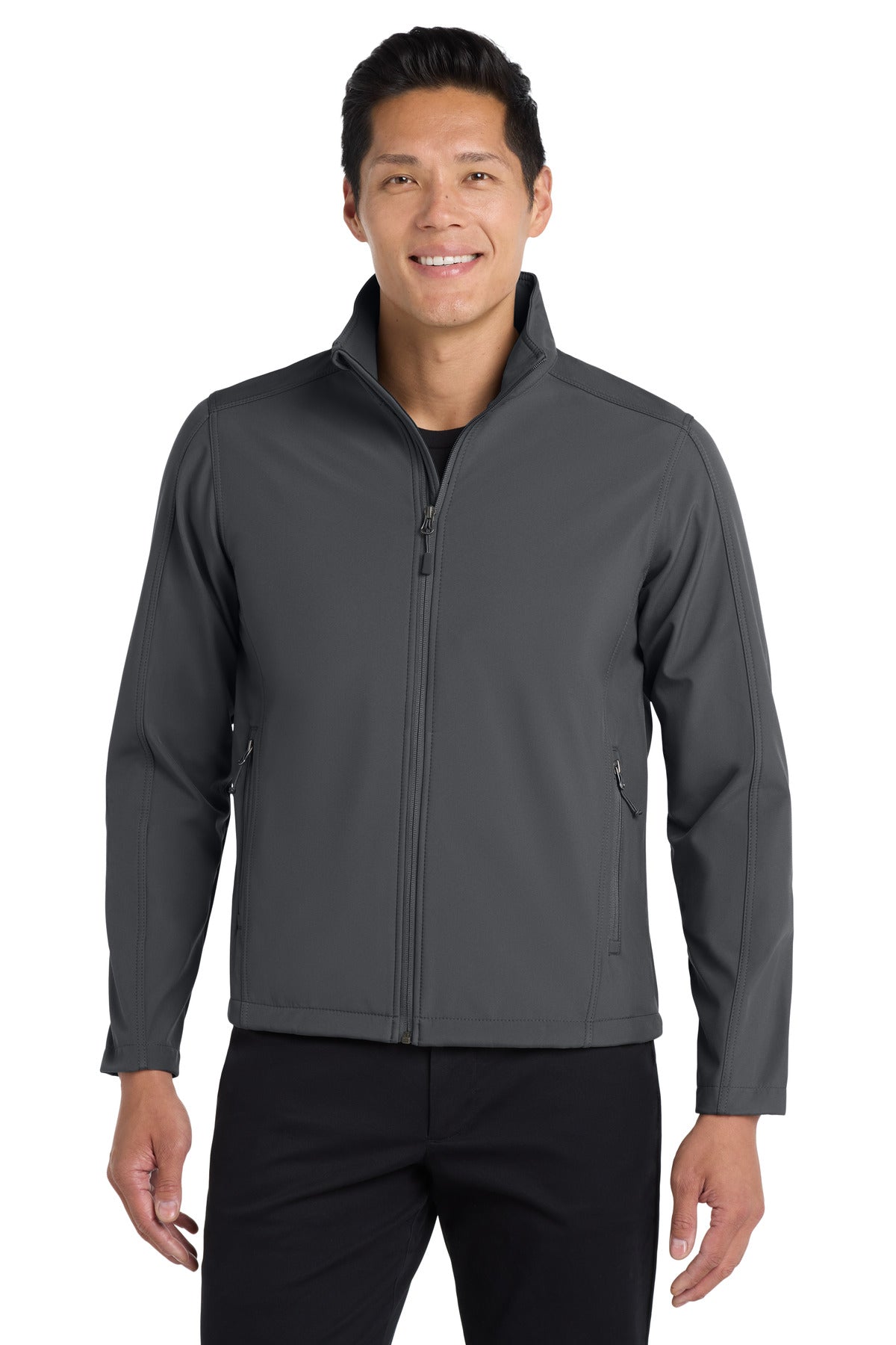 Front View of Battleship Gry Port Authority Core Soft Shell Jacket. J317