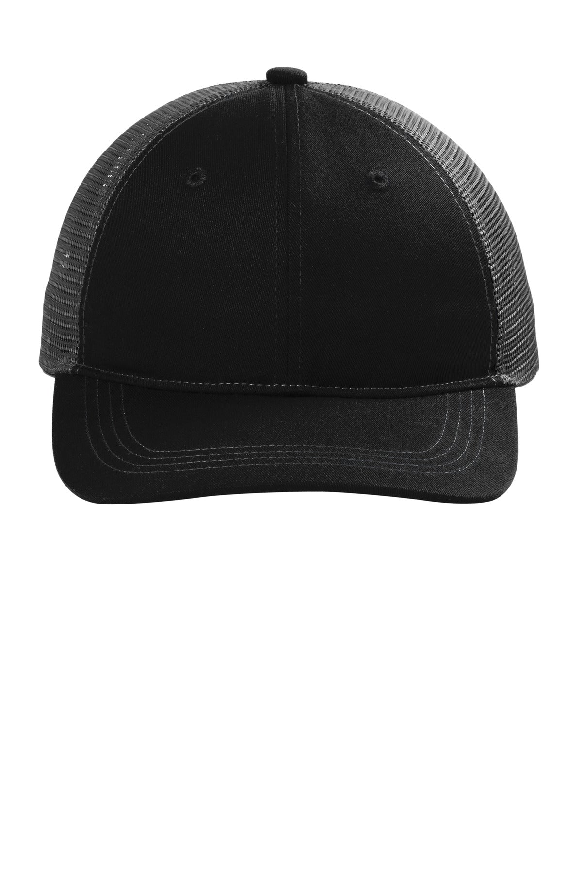 Front View of Bk/GyStl Port Authority Unstructured Snapback Trucker Cap C409