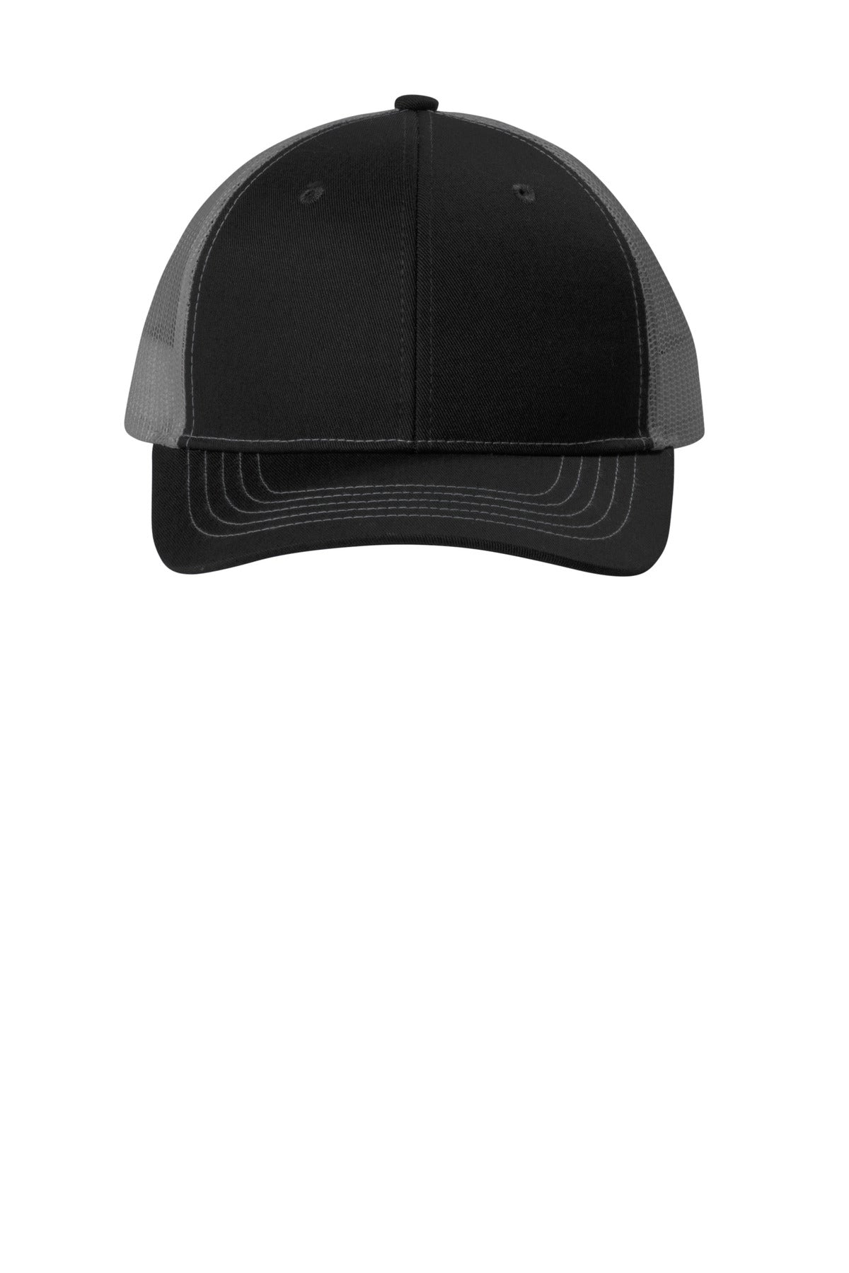 Front View of Bk/GyStl Port Authority Youth Snapback Trucker Cap YC402