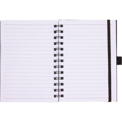 Front View of Black 5” x 7” FSC® Recycled Morano Spiral Journal plain