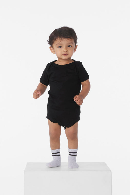 Front View of Black BELLA+CANVAS Infant Jersey Short Sleeve One Piece BC100B