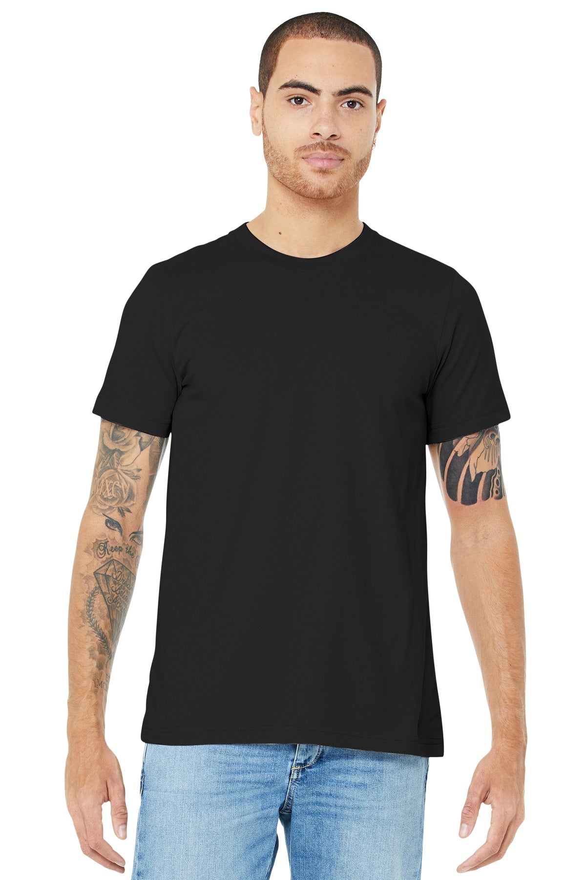 Front View of Black BELLA+CANVAS Unisex Jersey Short Sleeve Tee. BC3001