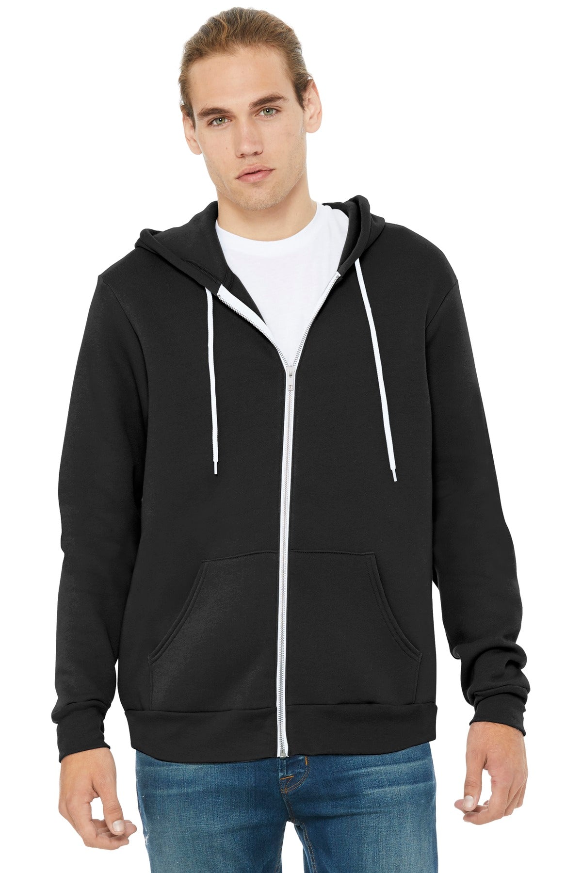 Front View of Black BELLA+CANVAS Unisex Sponge Fleece Full-Zip Hoodie. BC3739