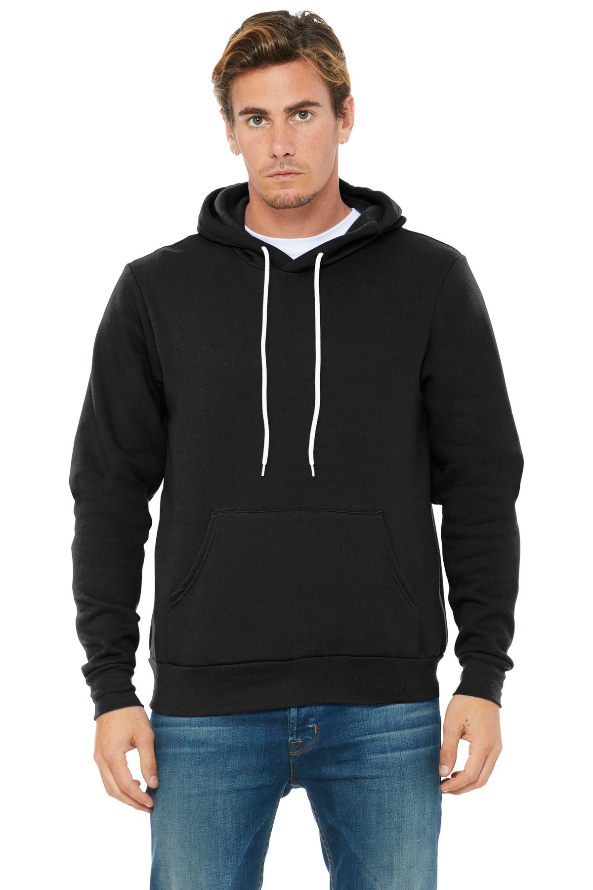 Front View of Black BELLA+CANVAS Unisex Sponge Fleece Pullover Hoodie. BC3719