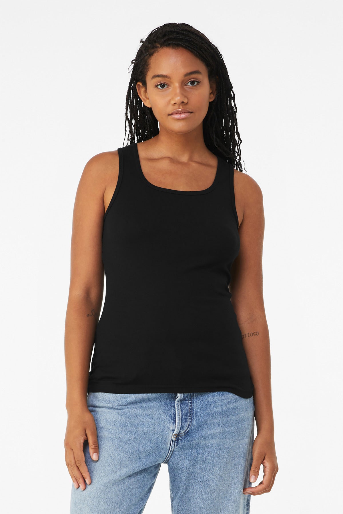 Front View of Black BELLA+CANVAS Women's Baby Rib Tank BC1080