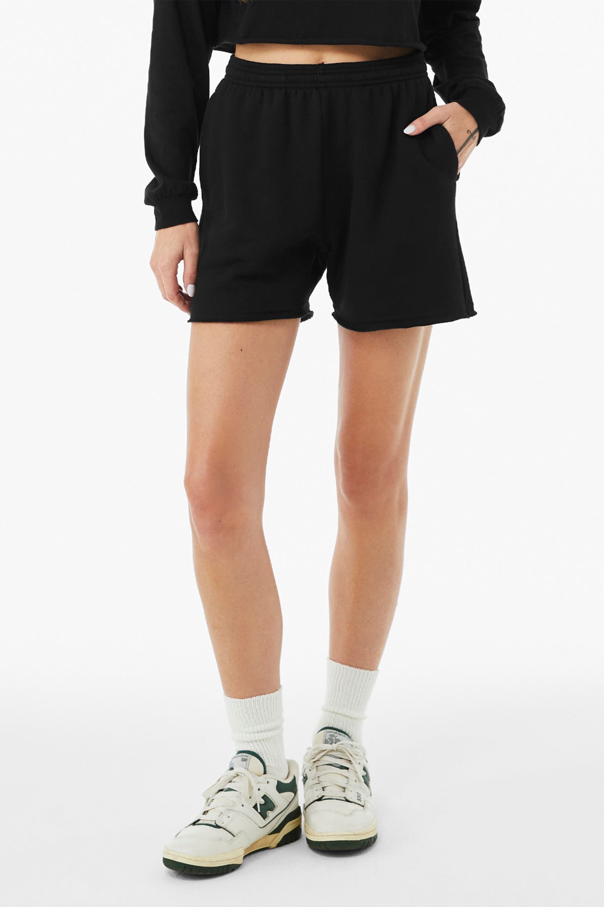 Front View of Black BELLA+CANVAS Women's Cutoff Sweatshort BC3787